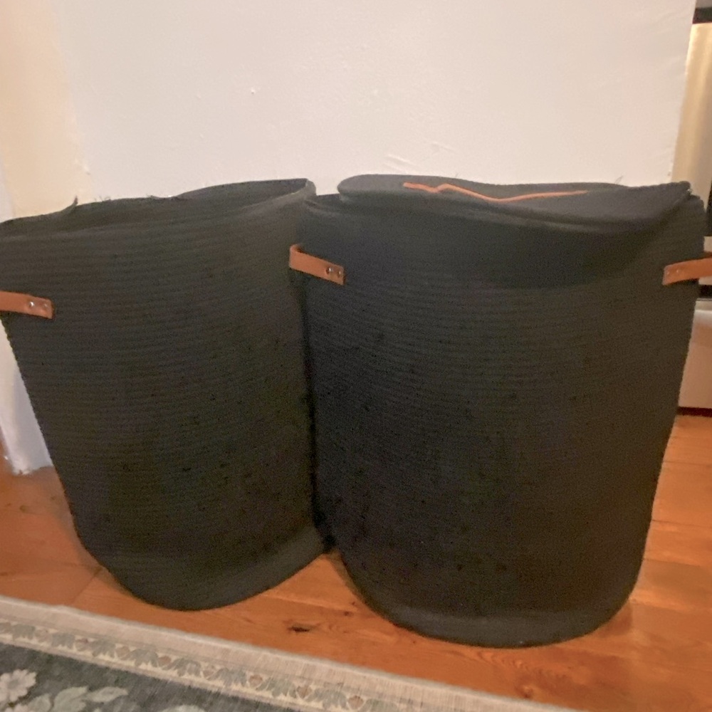 Pair of Black Cylindrical Baskets with Tan Leather Handles
